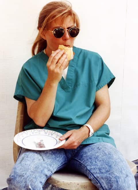 Rebecca snacking on set